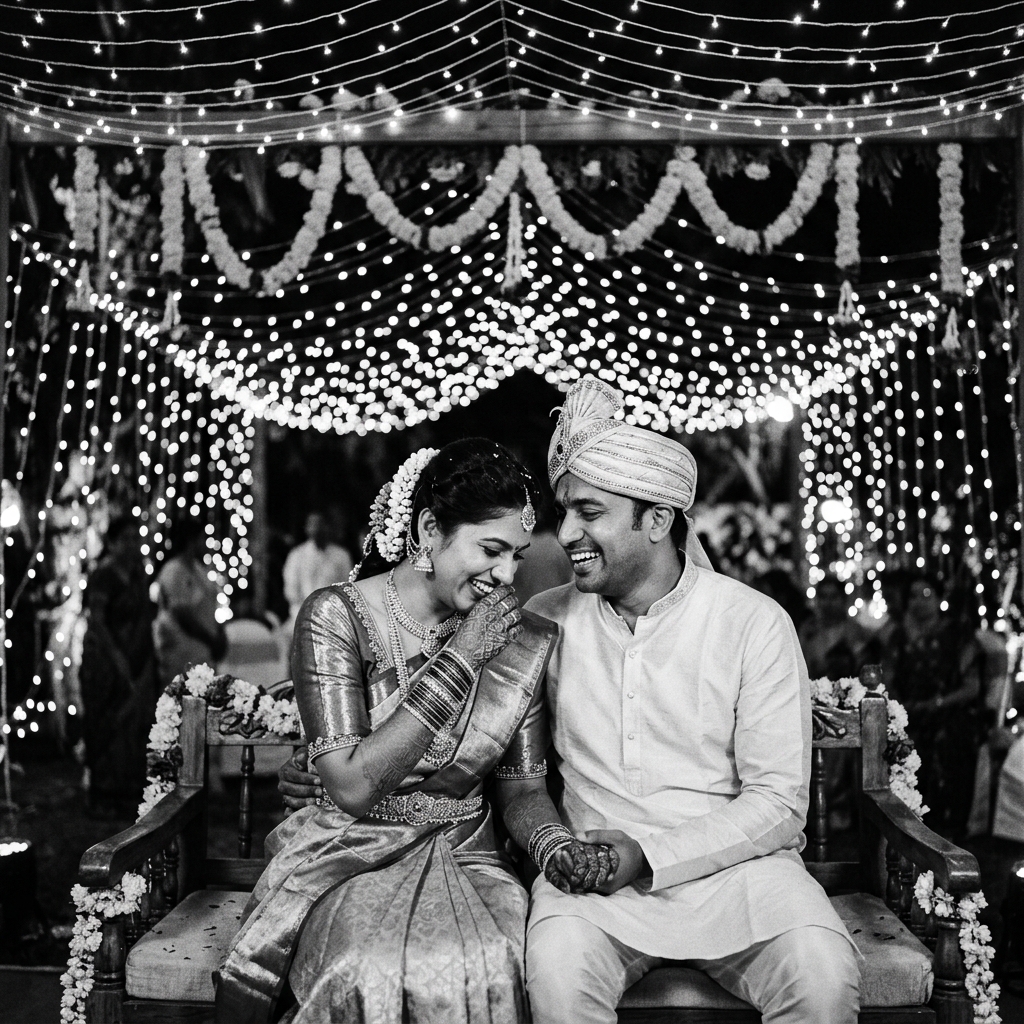 Wedding couple under warm lights
